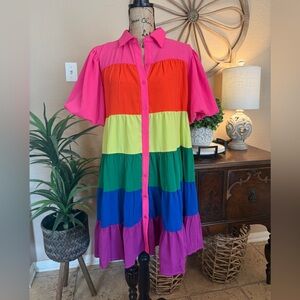 New Jodiful Bright Rainbow Tiered Button-Front Dress